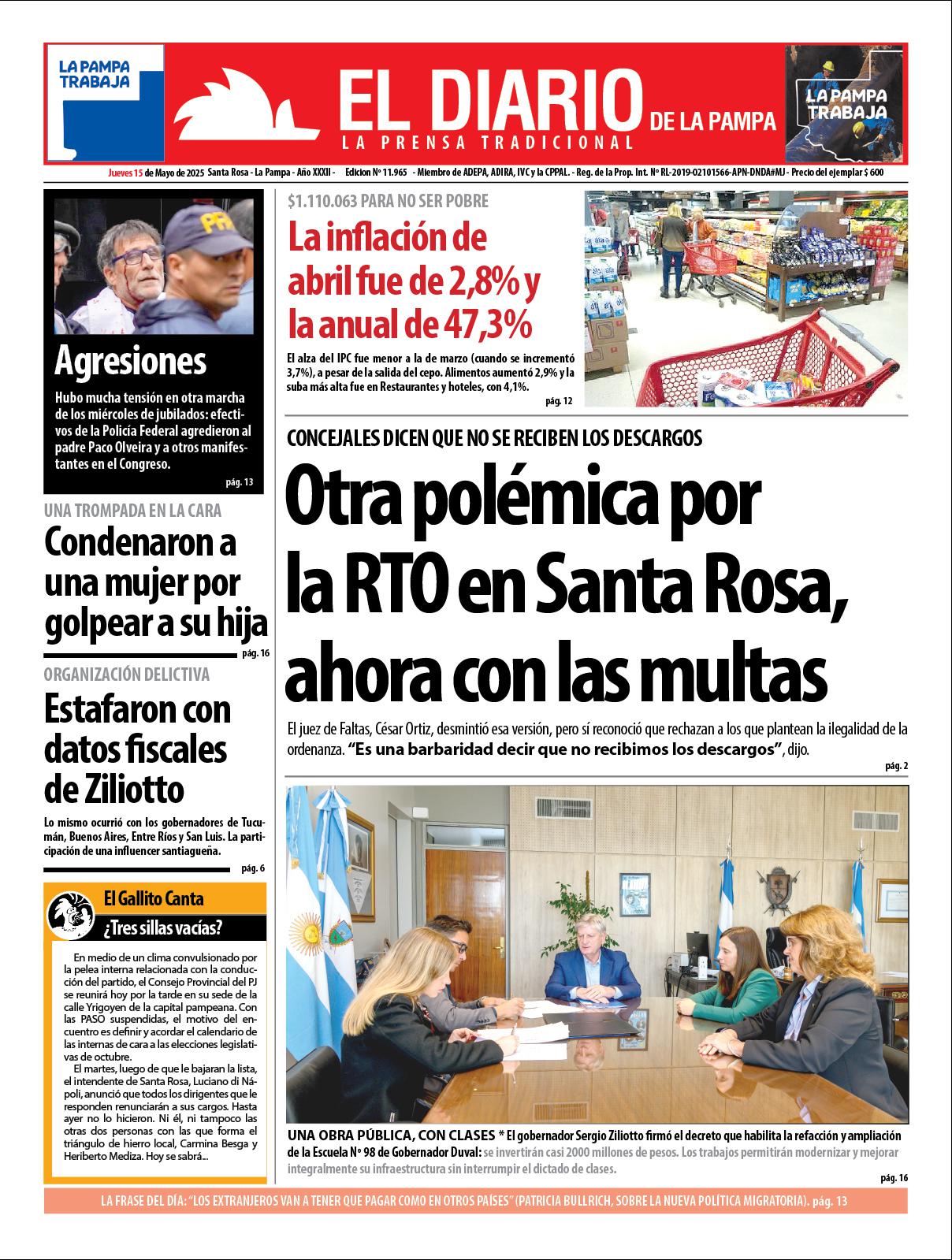 Tapa de El Diario en papel  jueves 15 de mayo de 2025